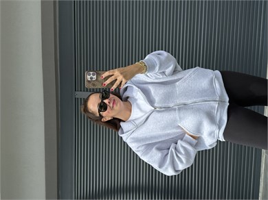 Kapşonlu Fermuarlı Sweat Gri