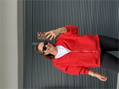 Kapşonlu Fermuarlı Sweat Kırmızı