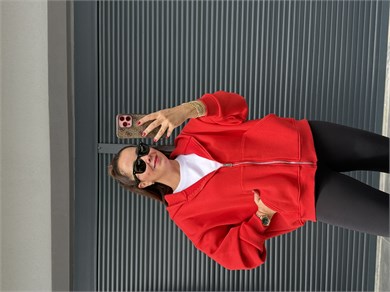 Kapşonlu Fermuarlı Sweat Kırmızı