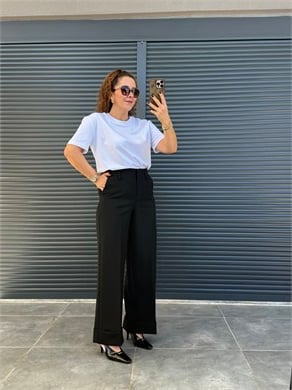 Karol Kemerli Duble Paça Pantolon Siyah