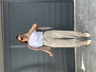 Karol Paça Lastikli Bohem Pantolon Taş