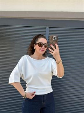 Kayık Yaka Modal Kumaş Yarasa Kol Bluz Beyaz