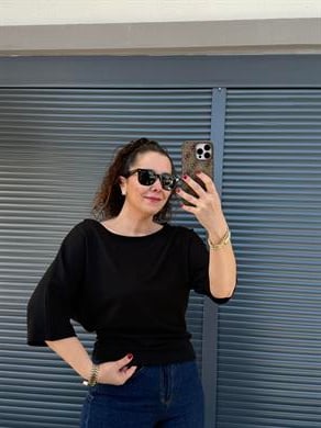 Kayık Yaka Modal Kumaş Yarasa Kol Bluz Siyah 