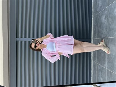 Keten Şehir Boy Şort Gömlek Takım Pembe