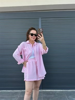 Keten Şehir Boy Şort Gömlek Takım Pembe