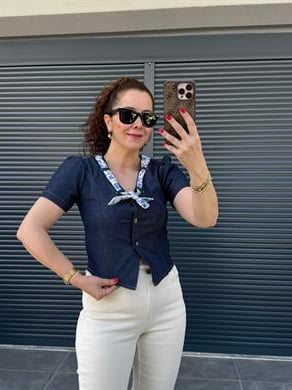 Kuşak Detaylı Tensel Kot Bluz Lacivert