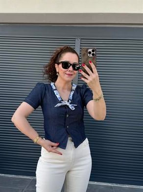 Kuşak Detaylı Tensel Kot Bluz Lacivert