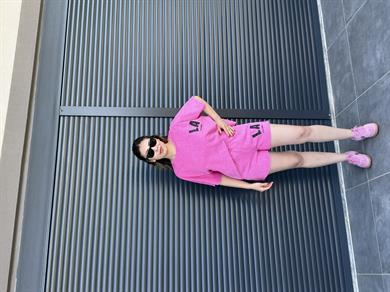 La Yazılı Taş Yıkamalı Oversize Takım Pembe