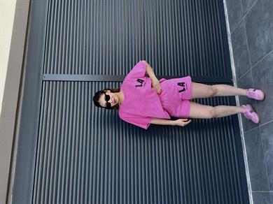 La Yazılı Taş Yıkamalı Oversize Takım Pembe