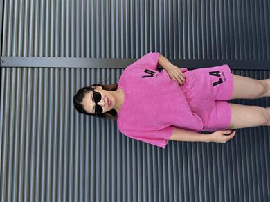 La Yazılı Taş Yıkamalı Oversize Takım Pembe