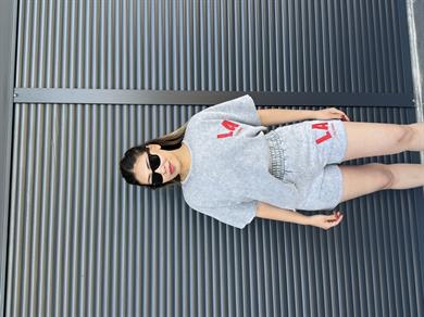 La Yazılı Taş Yıkamalı Oversize Takım Gri