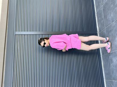 La Yazılı Taş Yıkamalı Oversize Takım Pembe