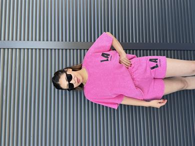 La Yazılı Taş Yıkamalı Oversize Takım Pembe