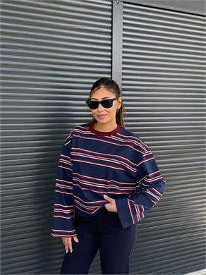 Lacivert Bordo Çizgili Sweatshirt