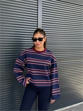 Lacivert Bordo Çizgili Sweatshirt