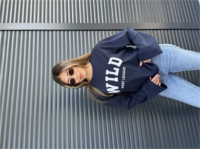 Lacivert Yazı Baskılı İnce Sweatshirt