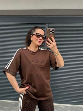 Leopar Desenli  Şeritli Takım Kahverengi
