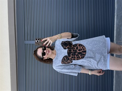 Mickey Leopar Eskitme Oversize T-shirt Gri