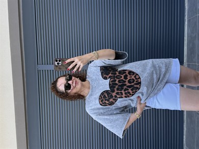 Mickey Leopar Eskitme Oversize T-shirt Gri