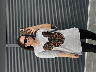 Mickey Leopar Eskitme Oversize T-shirt