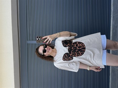 Mickey Leopar Eskitme Oversize T-shirt Bej
