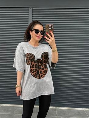 Mickey Leopar Eskitme Oversize T-shirt