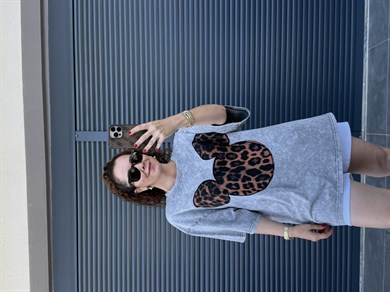 Mickey Leopar Eskitme Oversize T-shirt Gri
