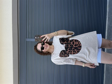Mickey Leopar Eskitme Oversize T-shirt Bej