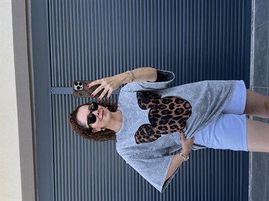 Mickey Leopar Eskitme Oversize T-shirt Gri