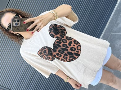 Mickey Leopar Eskitme Oversize T-shirt Bej