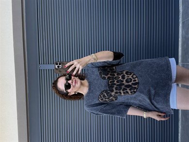 Mickey Leopar Eskitme Oversize T-shirt Antrasit