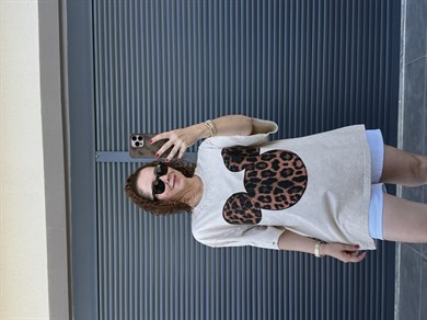 Mickey Leopar Eskitme Oversize T-shirt Bej