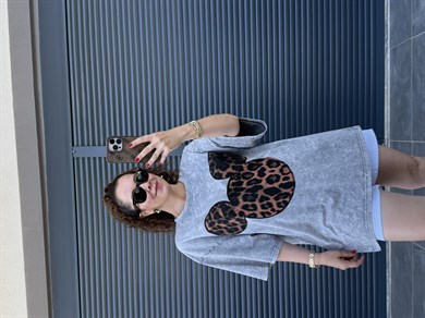 Mickey Leopar Eskitme Oversize T-shirt Gri