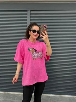 Mini Dog Eskitme Oversize T-shirt Pembe