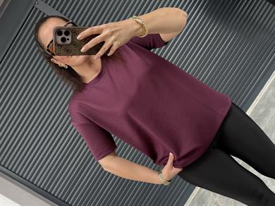 Modal Kumaş Bisiklet Yaka Basic T-Shirt Mürdüm