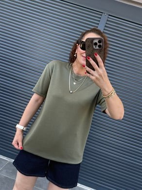 Modal Kumaş Bisiklet Yaka Basic T-Shirt Haki