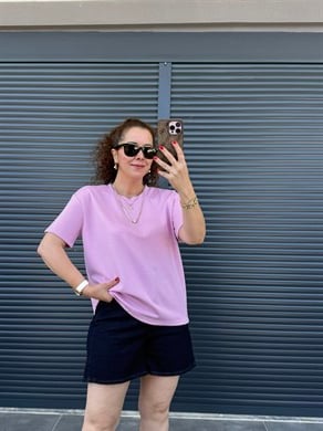 Modal Kumaş Bisiklet Yaka Basic T-Shirt Pembe