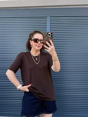 Modal Kumaş Bisiklet Yaka Basic T-Shirt Acı Kahve