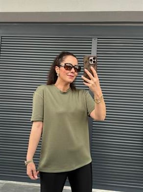 Modal Kumaş Bisiklet Yaka Basic T-Shirt Haki