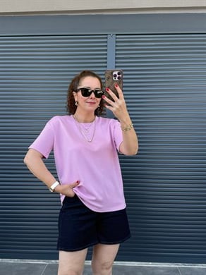 Modal Kumaş Bisiklet Yaka Basic T-Shirt Pembe