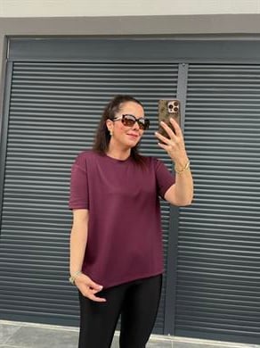 Modal Kumaş Bisiklet Yaka Basic T-Shirt Mürdüm