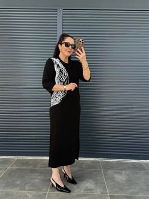 Modal Kumaş Biye Detaylı Elbise Siyah