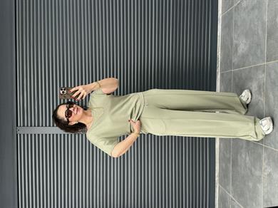 Modal Kumaş Kayık Yaka T-Shirt Pantolon Takım Haki