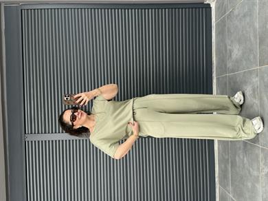 Modal Kumaş Kayık Yaka T-Shirt Pantolon Takım Haki