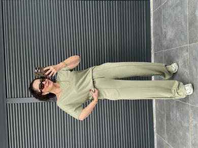 Modal Kumaş Kayık Yaka T-Shirt Pantolon Takım Haki