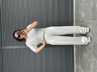 Modal Kumaş Kayık Yaka T-Shirt Pantolon Takım Gri