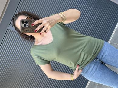 Modal Kumaş Ön Arka V Yaka T-Shirt Haki