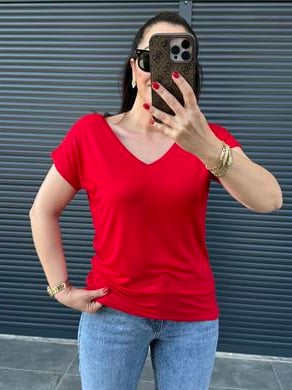 Modal Kumaş Ön Arka V Yaka T-Shirt Kırmızı