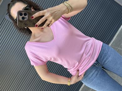 Modal Kumaş Ön Arka V Yaka T-Shirt Pembe