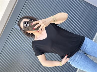 Modal Kumaş Ön Arka V Yaka T-Shirt  Siyah